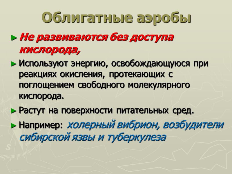 Облигатные аэробы Не развиваются без доступа кислорода,  Используют энергию, освобождающуюся при реакциях окисления,